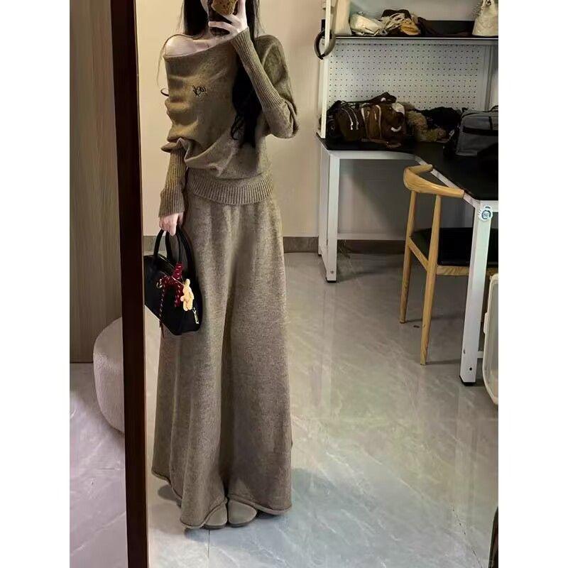 Women's Korean Spicy Off-the-Shoulder Sweater & High-Waisted Slimming Midi Skirt Set