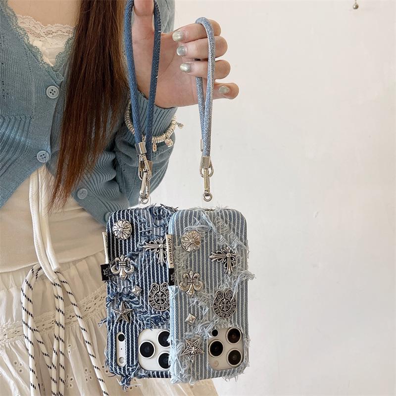 Punk Gestreifte Denim Hülle für iPhone 17/16 Pro Max/15/14 - Einzigartiger Stil