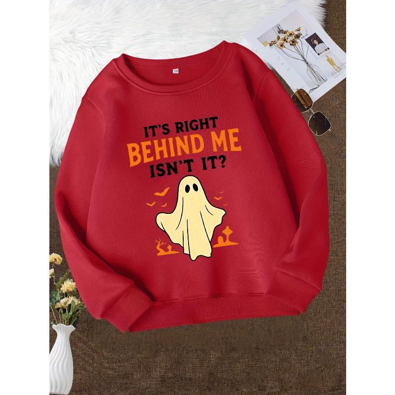 Girls' Spooky Halloween Sweatshirt - "It'S Right Behind Me Isn't It?" Ghost & Bat Print, Long Sleeve Round Neck Top with Pockets