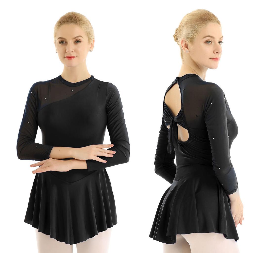 Γυναικείο φόρεμα για πατινάζ με μακρύ μανίκι λαιμόκοψη Φορέματα χορού Leotard Φόρεμα για καλλιτεχνικό πατινάζ