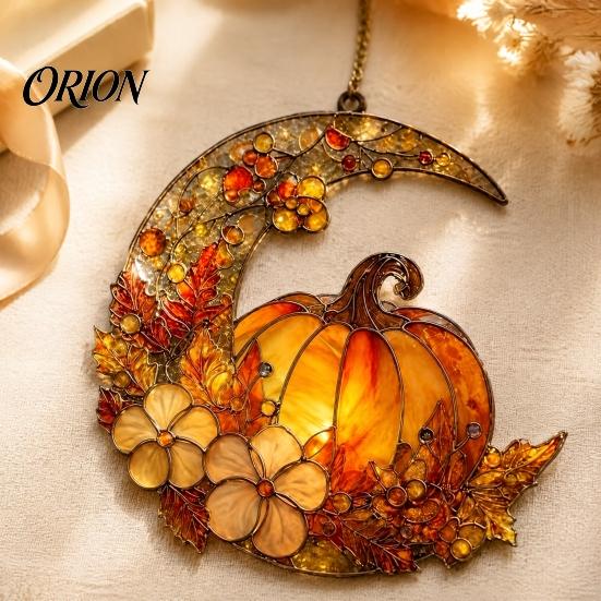 Warm Orange Pumpkin Moon Decor Stained Glass Suncatcher, Acrylic Crescent Window Hanging with Handmade Colorful Light Shadow Art Flowers Leaves, Fall