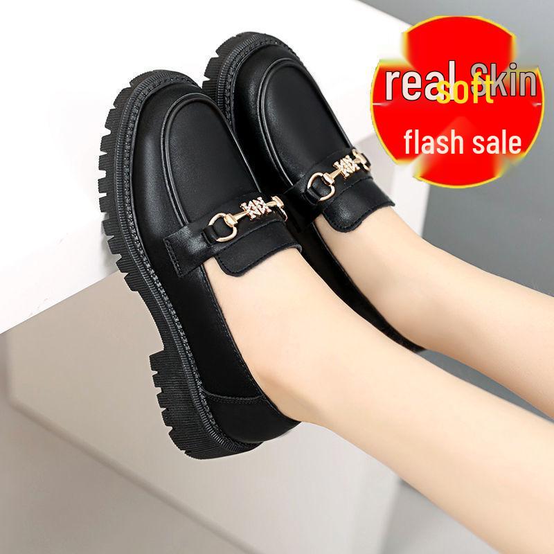 Genuine Soft Leather Women's Platform Loafers - Spring 2022 British Style, Thick Sole, Black