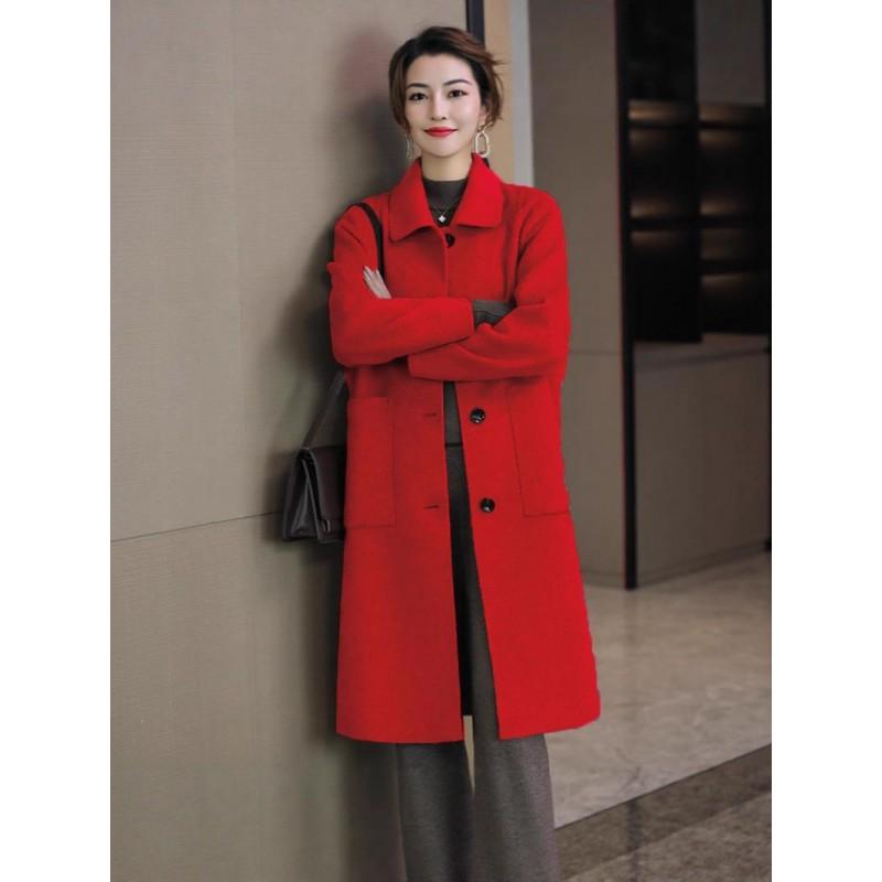 Womens Solid Color Wool Blend Coat Mid-Length Loose Fit Winter Outerwear Elegant Office Style