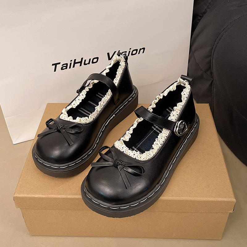 

Wind bow Lolita single shoes round head flat bottom Mary Jane small leather shoes women s 2025 spring new models 40 чёрный