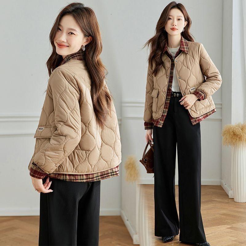 Autumn and winter new fake two-piece plaid light down cotton-padded jacket fashion short medium mother splicing cotton-padded jacket