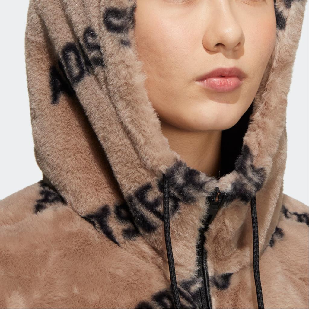 Adidas Monogram Jacket Letter Print Fleece Loose Hooded Coat Women Jackets Pink Brown IB2748