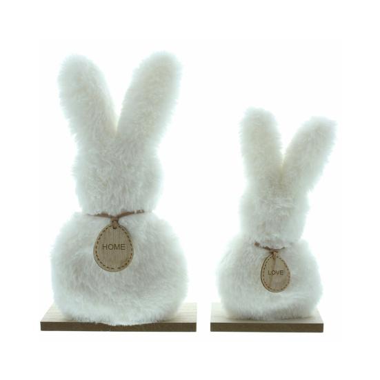 

2 Pcs Furry Bunny Figurine Easter Plush White Rabbits on Wood Base for Spring Party Home Office Tabletop Decor Sets