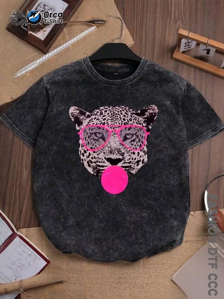 Stylish Leopard Graphic TShirt Relaxed Retro Washed Tee For Men Women Travel Daily Vacation Stylish Casual Street Looks