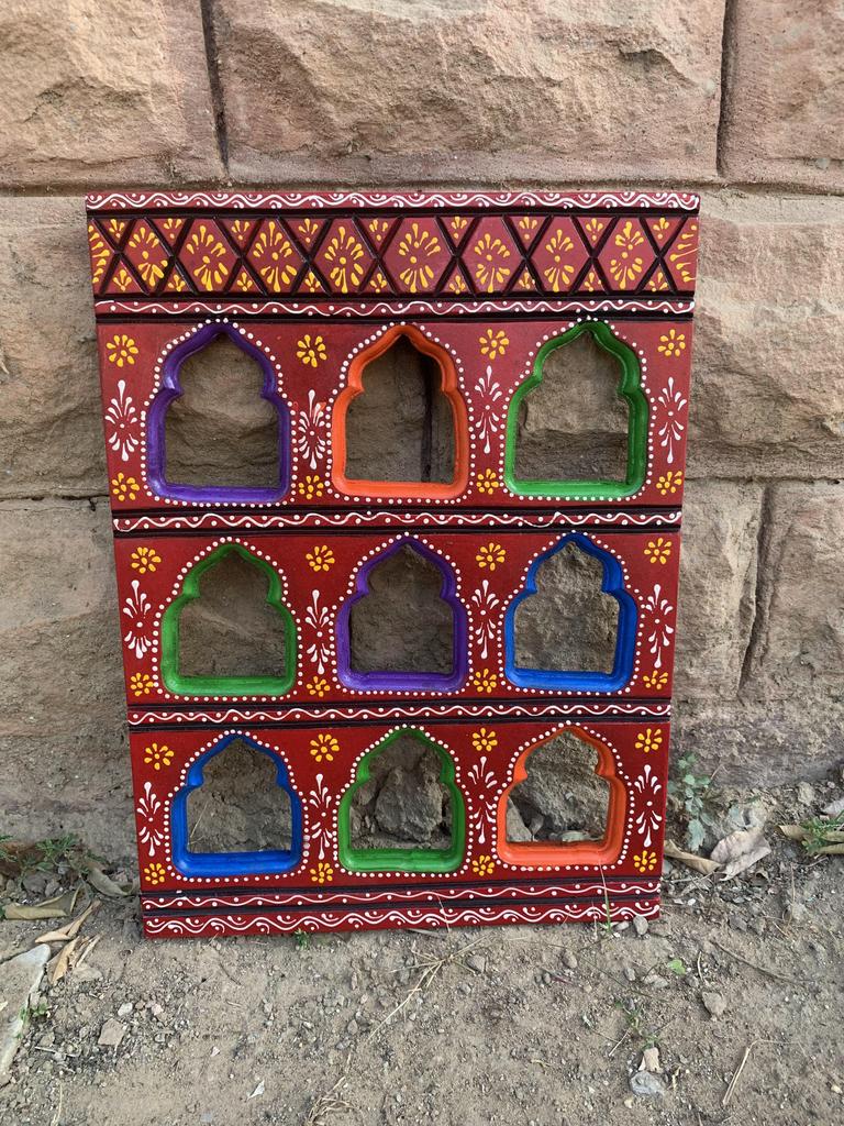 Colorful Hand Painted Wooden Wall Hanging | Indian Jharokha Style Folk Art | Boho Ethnic Home Decor