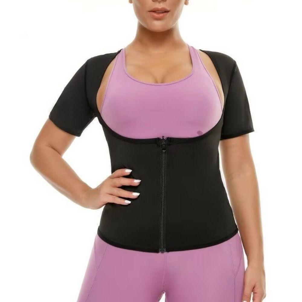 Heat Trapping Women Sauna Suits Short Sleeve Zipper Design Fat Burning Fitness clothes Push Up Compression