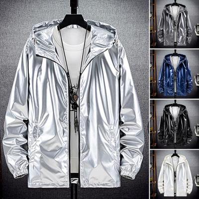 Herren Kapuzenjacke Glänzende Oberfläche Reißverschluss Einfarbig Slim Fit Wasserdicht Frühling Herbst Elastische Bündchen Mantel Streetwear