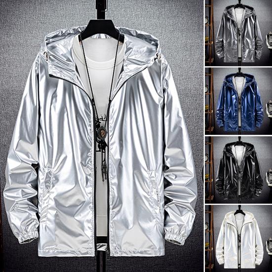 Herren Kapuzenjacke Glänzende Oberfläche Reißverschluss Einfarbig Slim Fit Wasserdicht Frühling Herbst Elastische Bündchen Mantel Streetwear