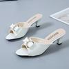 Fashion All-match Bow Stiletto High Heels Women's Outer Wear Medium-heeled Fish Mouth Slippers Large Size Sandals Women's Shoes