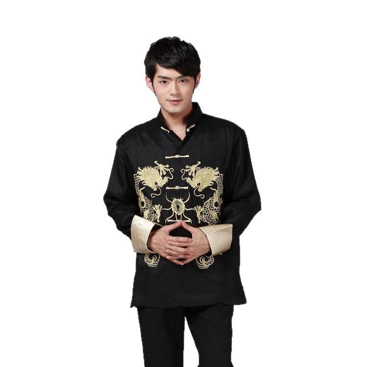 Men's Chinese-Style Retro Embroidered Dragon Tang Suit Long Sleeve Top: Ideal for Formal Events and Performances.