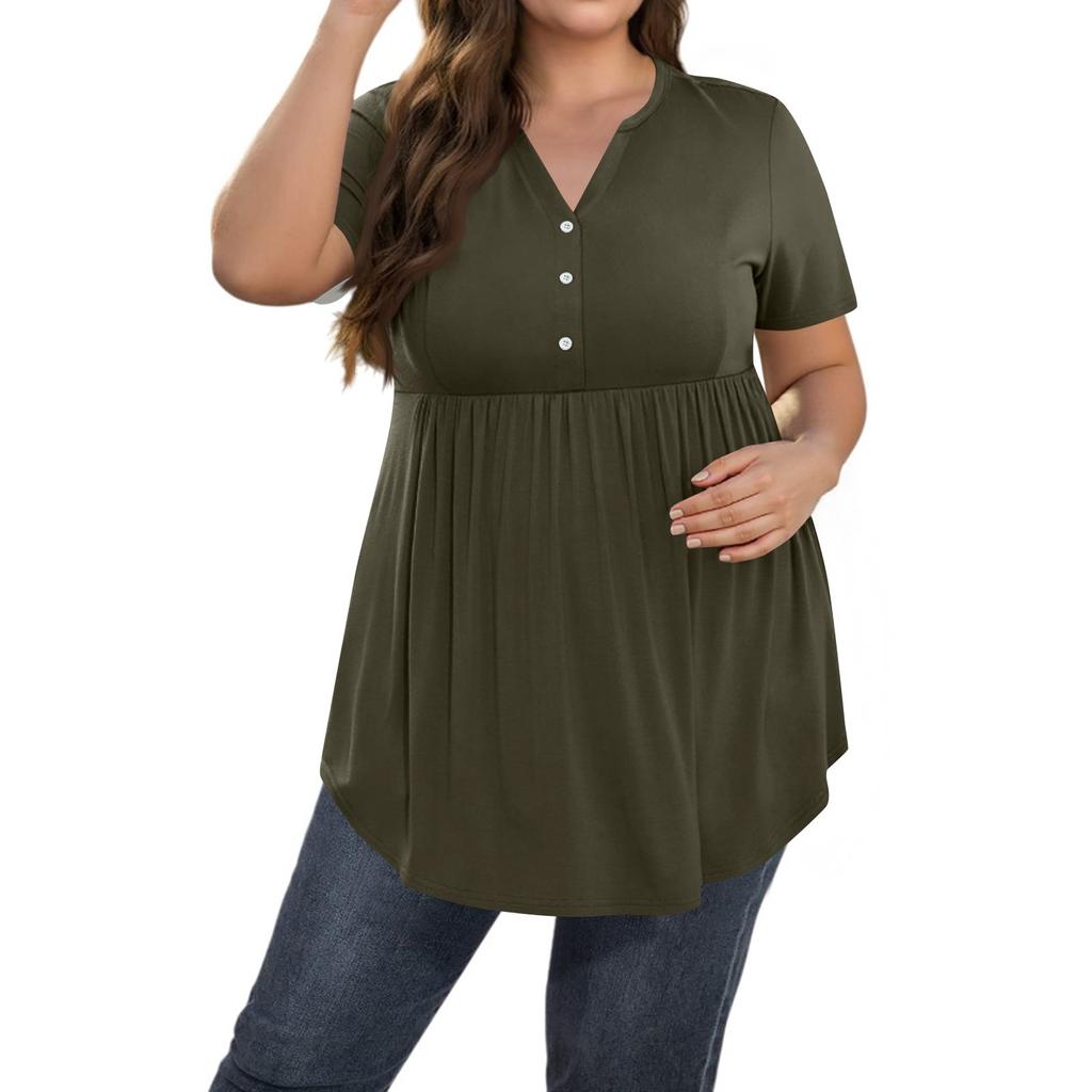 Women's Solid Color Large Size  V Neck Button-Up Top Casual Short Sleeve Flowy Top