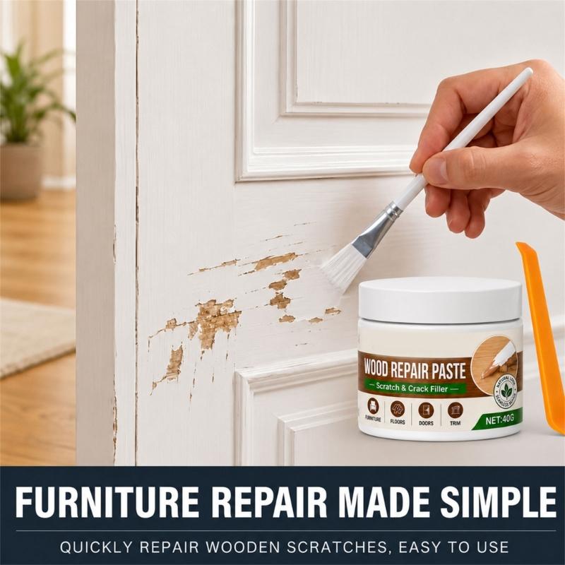 Wood Repair Cream 40g with Brush for Furniture Cabinets and Trim, Scratch Cover for Edge Wear and Small Cracks