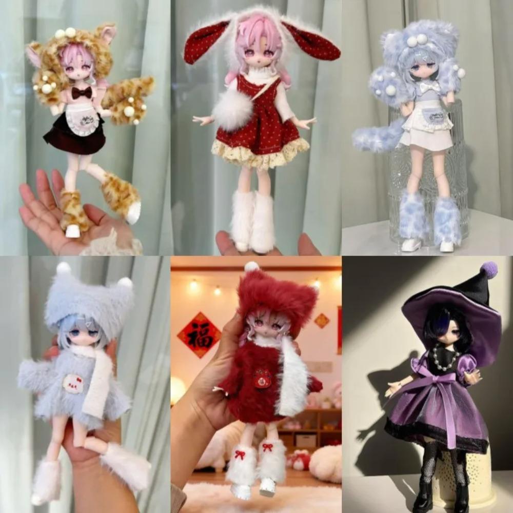 For 1/8 1/12 OB11 BJD Doll Clothes Set - Winter Plush Maid Outfit Cute Warm Doll Dress Up Accessories (Only Clothes)