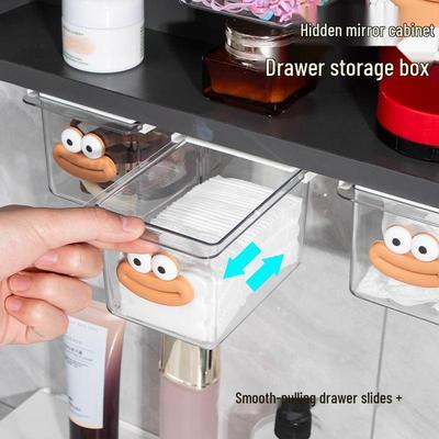 Cartoon Badezimmerschrank mit Spiegel, Schublade und transparentem Auszug zur Aufbewahrung von Wattestäbchen und Make-up