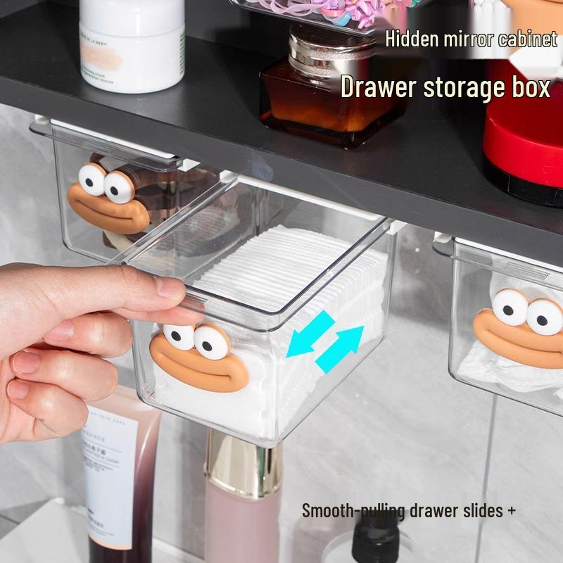 

Мультяшный шкафчик для ванной с зеркалом, ящиком и прозрачным выдвижным органайзером для ватных палочек и косметики Classic Edition Pull-Out Storage Box x2