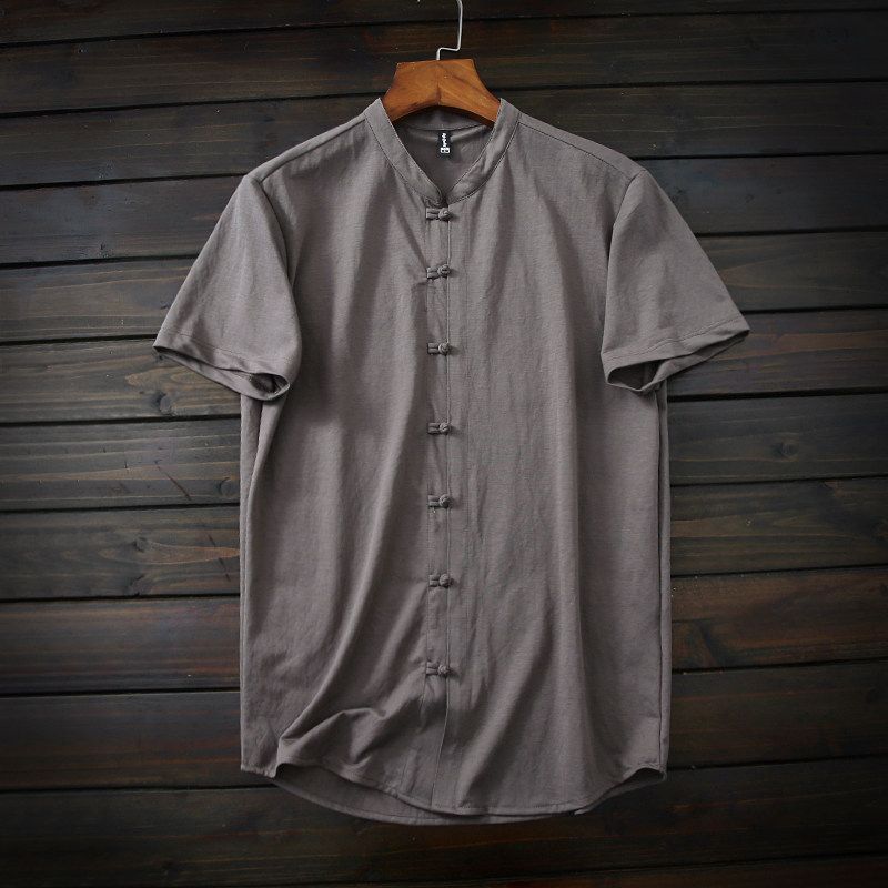 Cool and Breathable, Chinese-Style Linen-Like, Export Surplus Men's Summer Skin-Friendly Soft-Touch Small Stand-Up Collar Short-Sleeve Shirt