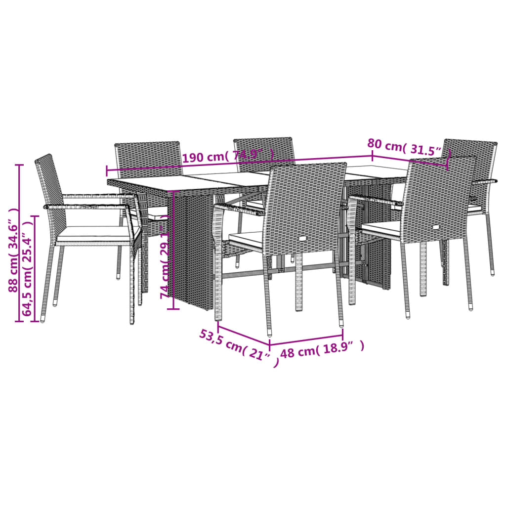 7 Piece Outdoor Dining Set with Cushions Gray Poly Rattan