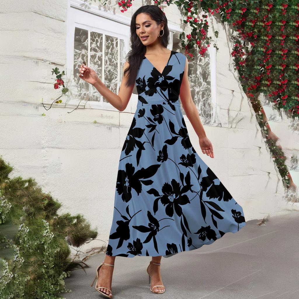 Women's Casual And Fashionable Floral Print V-Neck Sleeveless Dress Sleeveless Dress