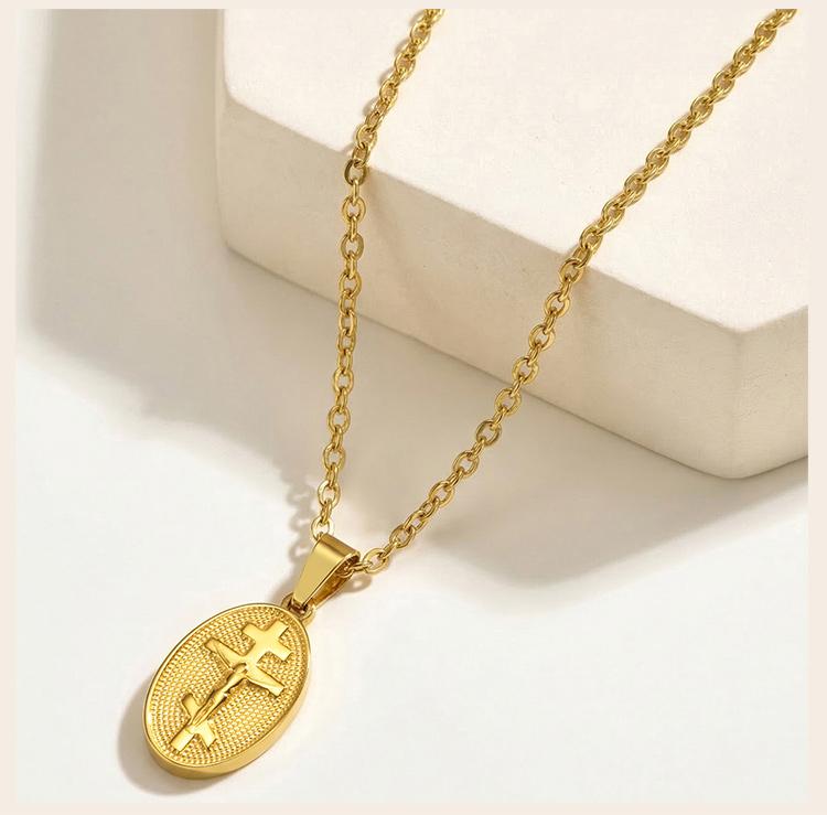 Russian Orthodox Cross Necklace Gold Plated Stainless Steel Oval Religious Medallion for Men Women Faith Gift