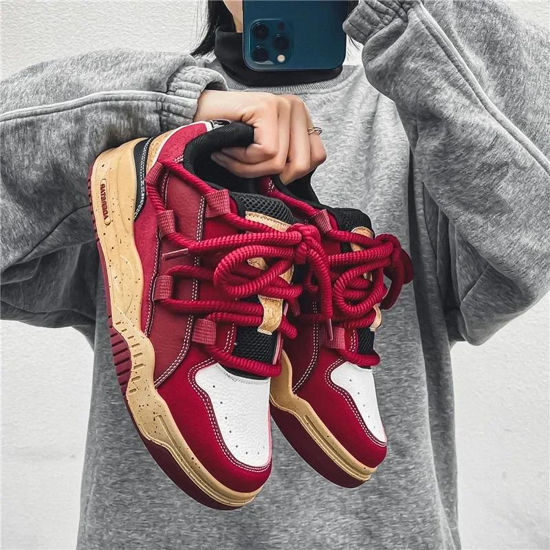Men Shoes Spring New Design Wine Red Skateboard Shoes Fashion Trendy Casual Sneakers Lace Up Platform Vulcanized Shoes 2025
