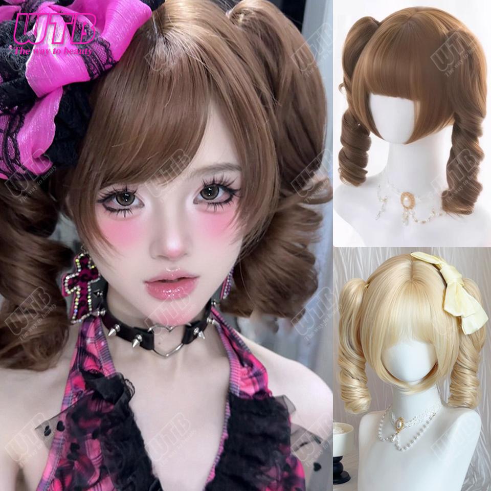 Synthetic Cosplay Wig Female Short Curly Hair Lolita Ponytail Bangs Wig Halloween Styling Wig