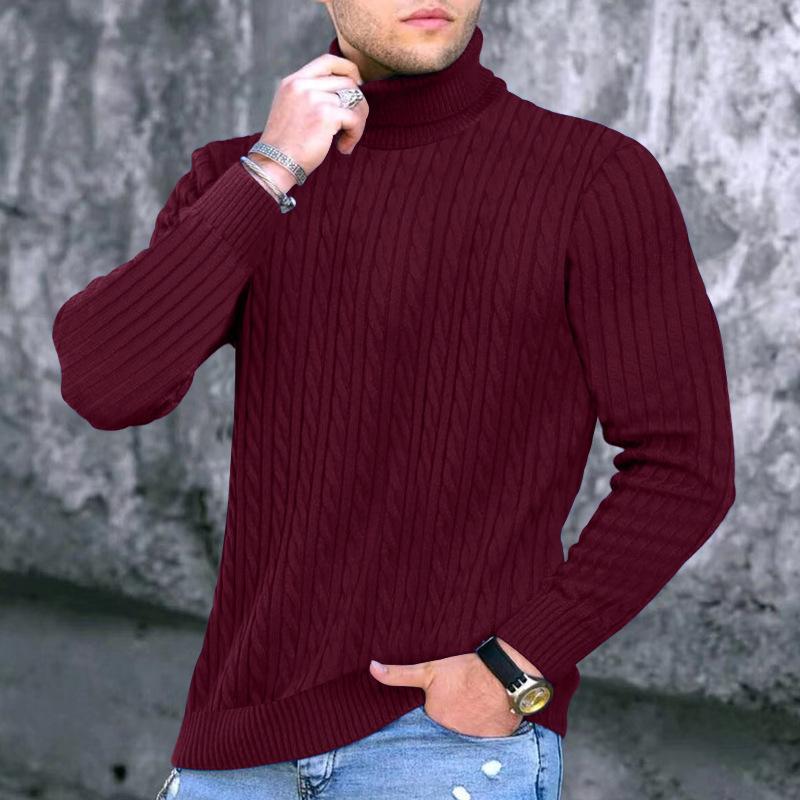 Autumn Winter Men's Knit Sweater High Neck Warmth Fashion Solid Color Slim Fit Male Bottoming Tops Jacquard Pullovers
