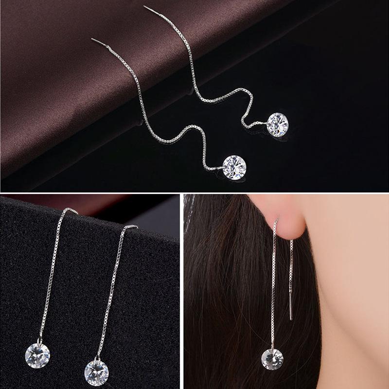 Simple Female Earrings 925 Silver Needle Round Zircon Crystal Ear Line Earrings for Women Long Tassel Wedding Jewelry Brincos