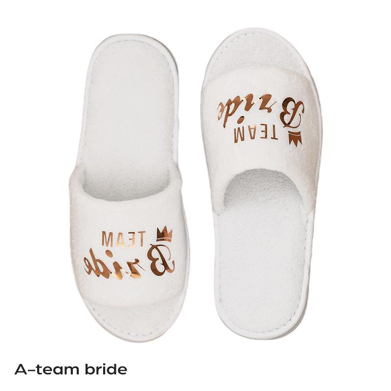 Fashion Bridal Party Slippers Set, Coral velvet Close-toe With Golden Letter Lightweight Plush Cozy Flats, Non-slip Soft Sole For Bride