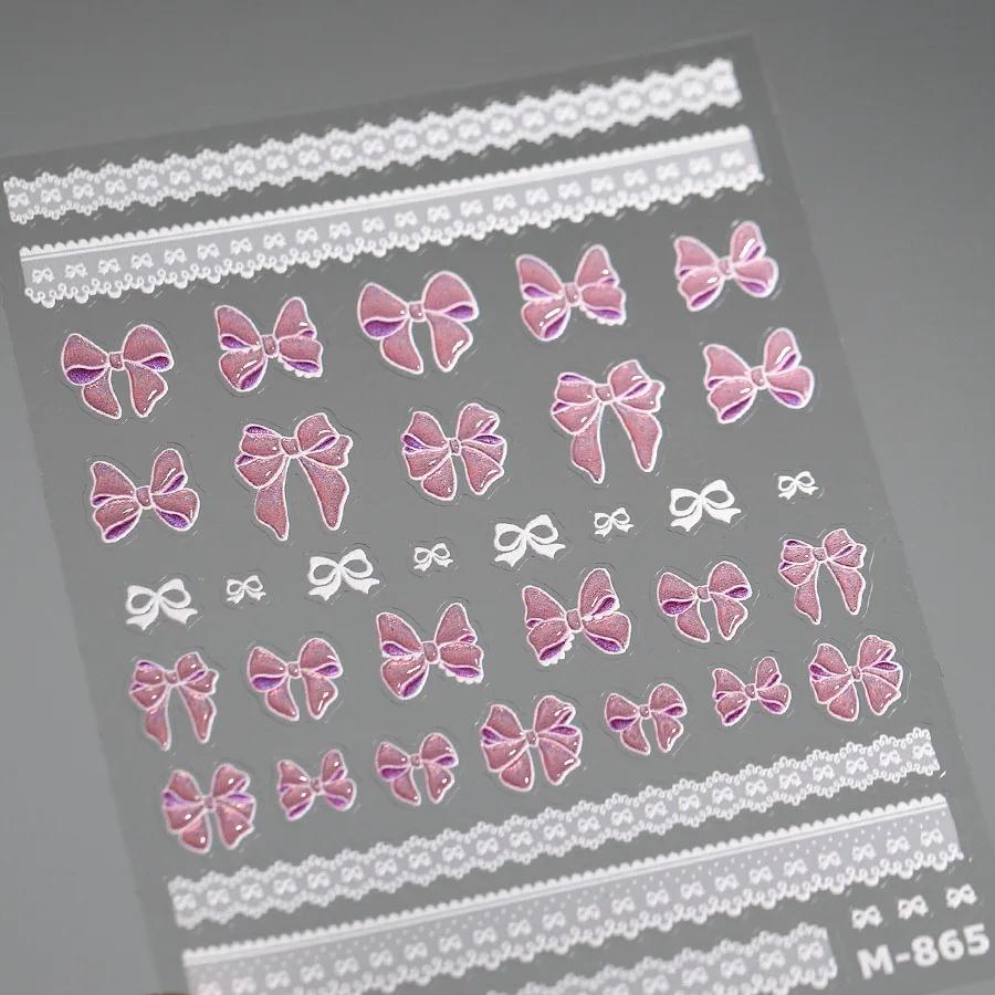 Shiny Red Bowknot Bow Tie Silk Ribbon Butterfly 5D Nail Art Sticker Pearl Rhinestones Self Adhesive Decoration Manicure Decal