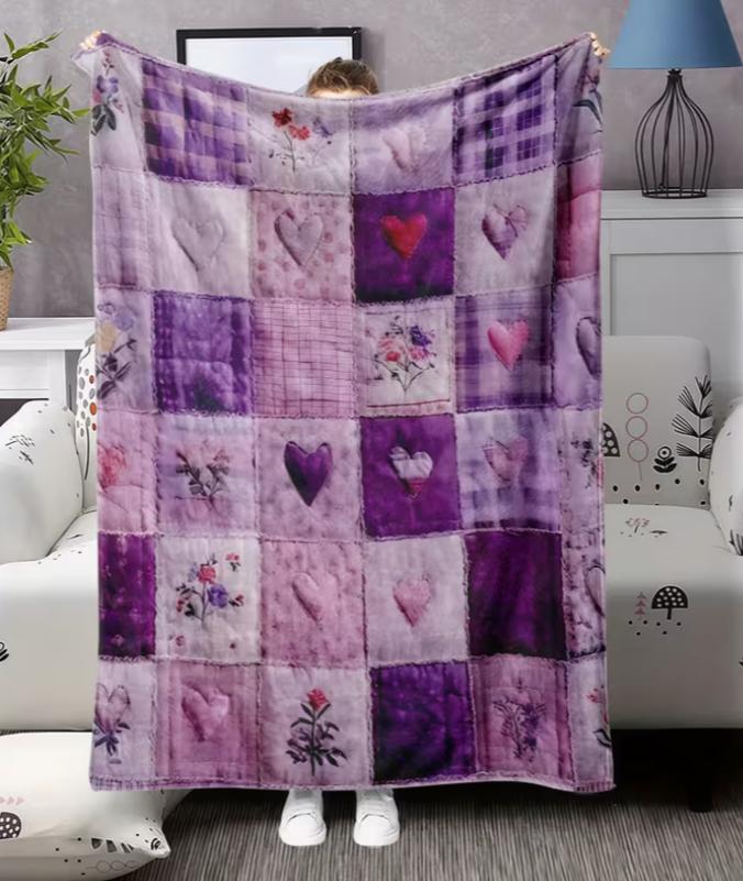 Purple Vintage Patchwork ArtFloral Checkered Dove Heart PatternHigh-Quality Single-Sided Printed Flannel Blanket