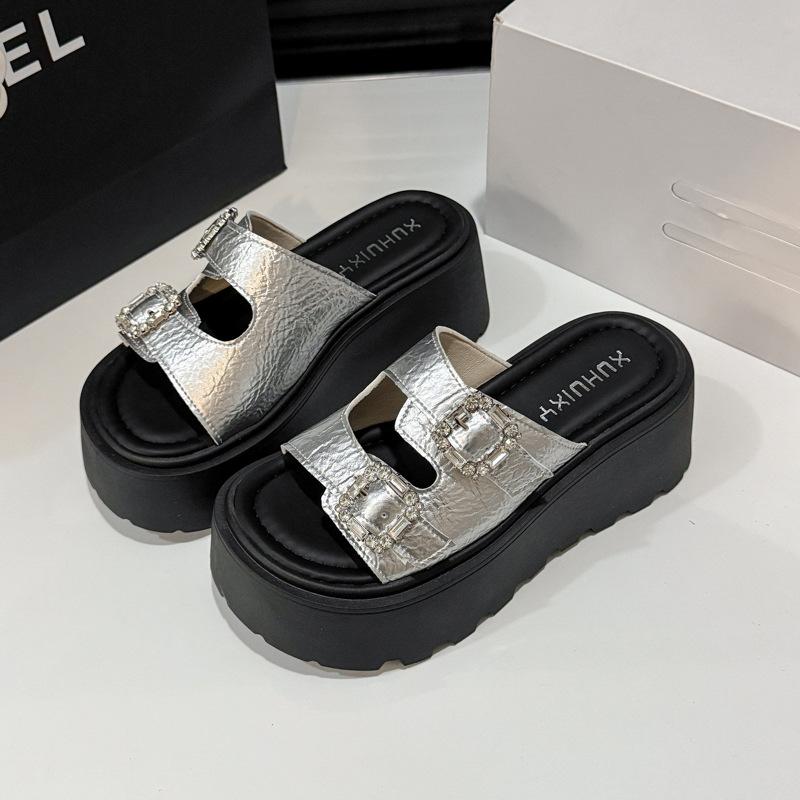 Versatile Cool Slippers 2025 New Rhinestone Double One-word Belt Buckle Sandals Heightening Casual Slope Heel Muffin Slippers