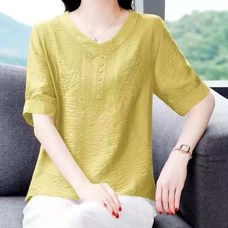 

Женская блузка с V-образным вырезом, коротким рукавом, вышивкой, на пуговицах, свободного кроя, повседневный топ L жёлтый