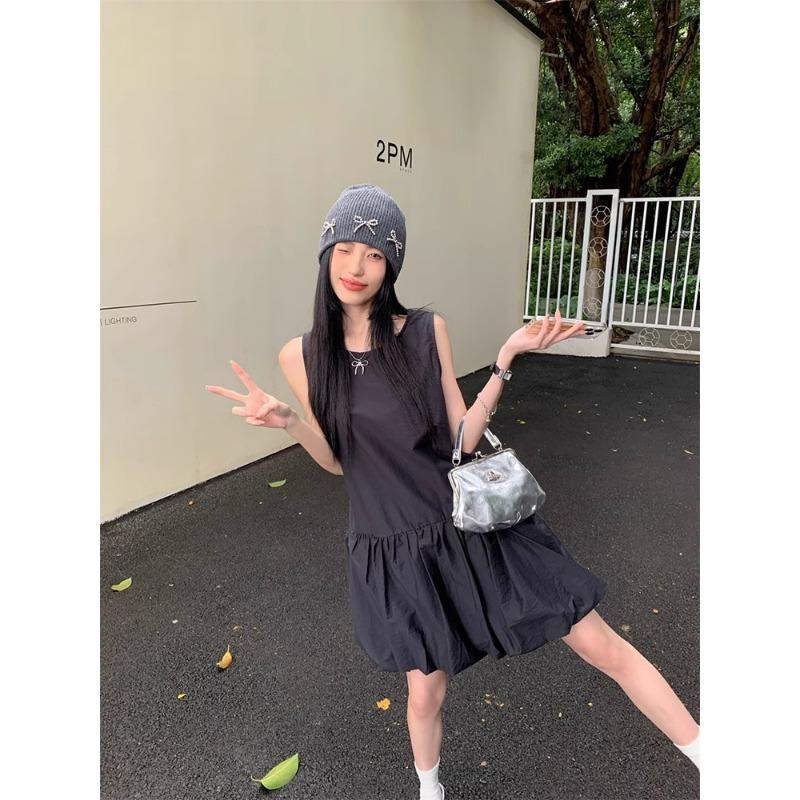 

Корейское белое платье-жилет без рукавов для женщин на лето, нежный стиль, юбка с маленьким свободным цветочным бутоном, короткая юбка S чёрный