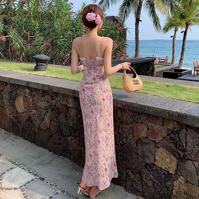 Lace Trim Floral Backless Camisole Dress - Women's Summer Beach Style, High Waist, Hip-Hugging Skirt