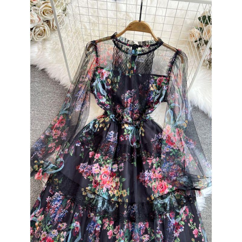 Spring and Autumn Ladies Long Sleeves A- line Dress Mesh