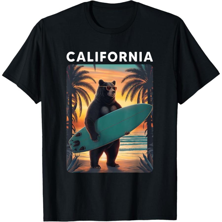 California Cool Republic Bear Surfing Beach California Retro T-Shirt S