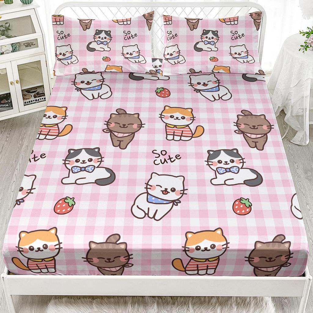 Cute Cartoon Kitten Pattern Bed Hat Three-Piece Digital Printing Bedding Set Adult Children