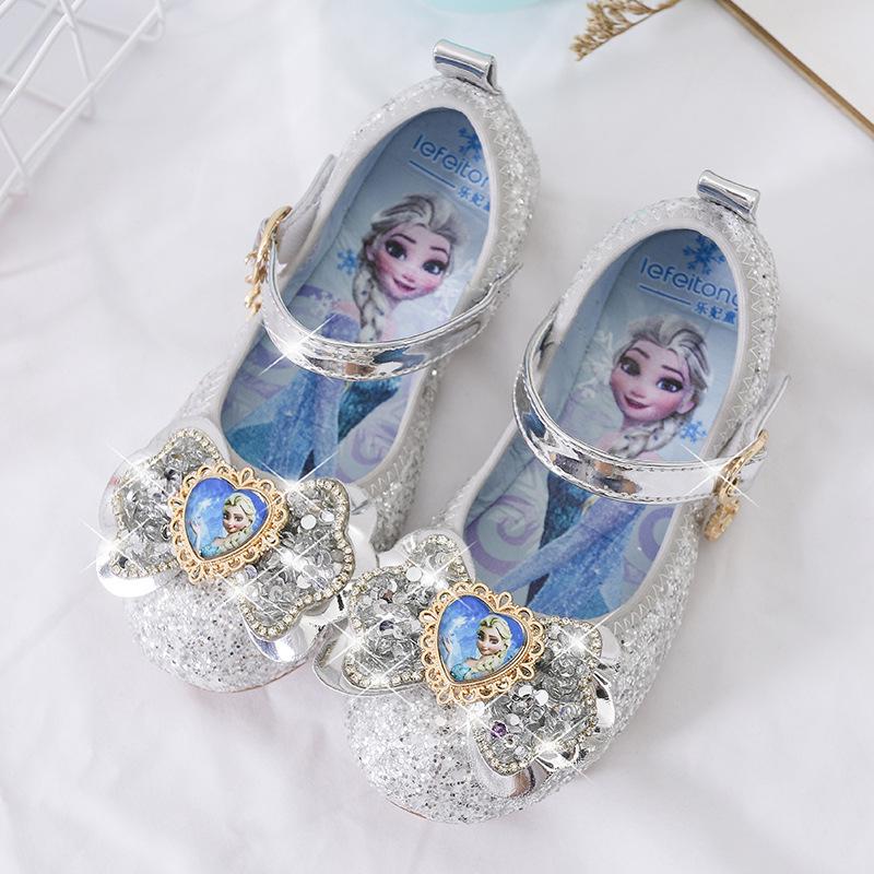 

Girls Crystal Bow Princess Elsa Leather Flat Shoes - Soft Sole, Spring/Autumn 30 серебряный