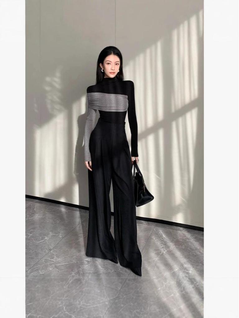 Korean Style Color Block Turtleneck Long Sleeve Women's Top - 2025 Autumn/Winter Collection