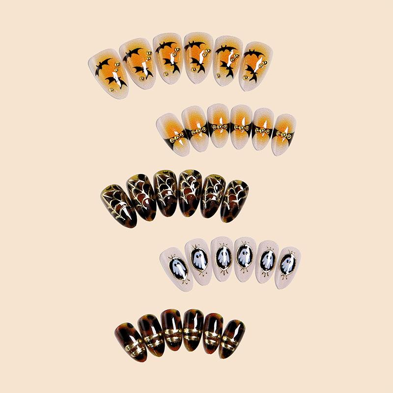 Halloween Wearable Nails Ghost Bat Gilt Gradient Almond Nails European And American Style Removable Finished Fake Nail Patches