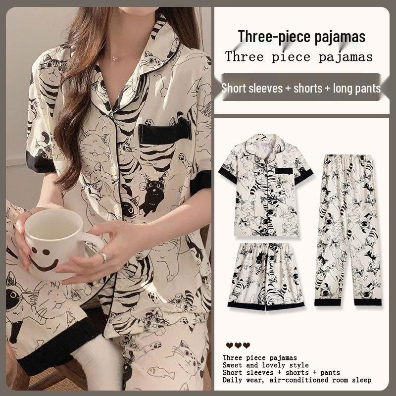 Kuromi Japanese-Style Cotton Pajamas: Women's Summer Lapel Sweet Cardigan Homewear Three-Piece Set