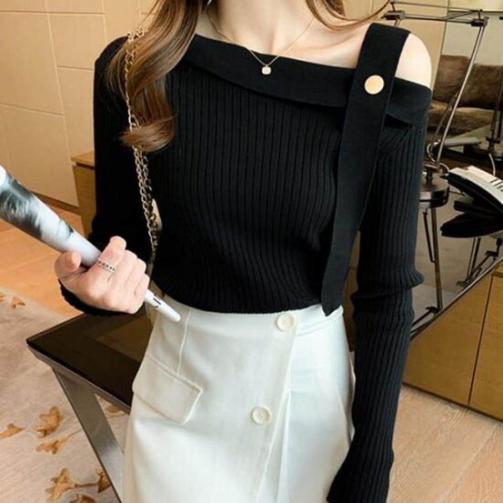 Navava Women Ribbed Open Shoulder Long Sleeve Knit Nk3151