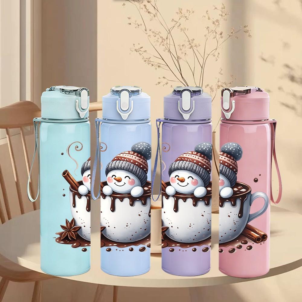 1PC Snowman Hot Cocoa Winter Print 750ml Color Plastic Sports Water Bottle Leakproof Flip Straw Lid Suitable for Sports Office Home Use