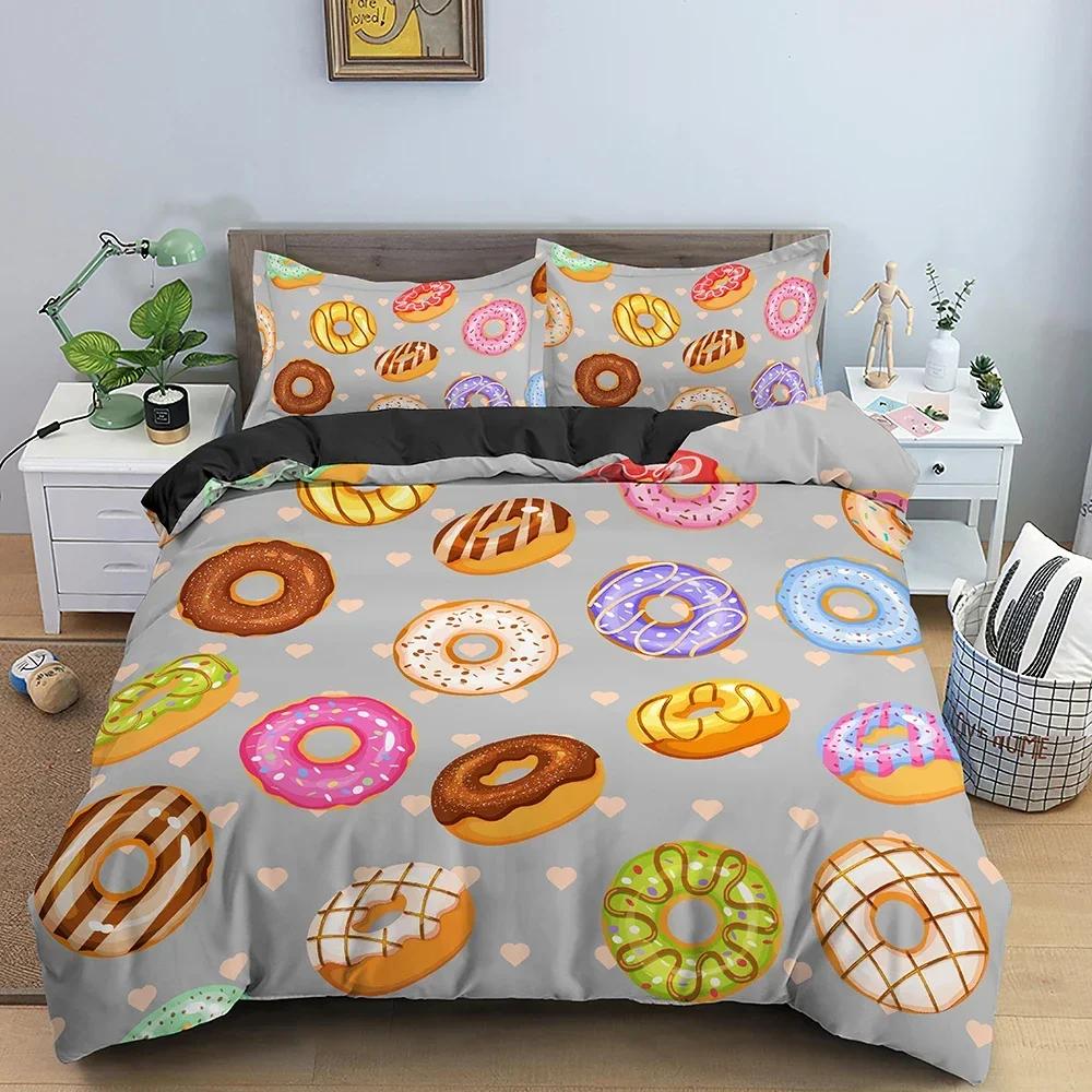 Donut Print Comfortable Duvet Quilt Cover Pillowcase Bedding Set Children Bedroom Decoration Home Textile