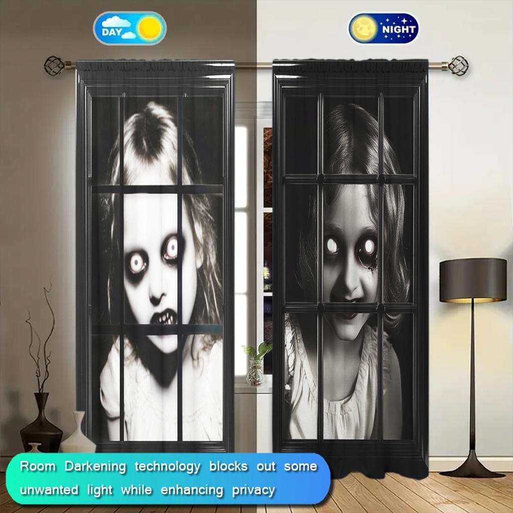 2 szt. Przerażająca Dziewczyna w Oknie Drukowana Zasłona do Dekoracji Domu - Kieszeń na Karnisz Dekoracja Okna do Sypialni, Biura, Kuchni