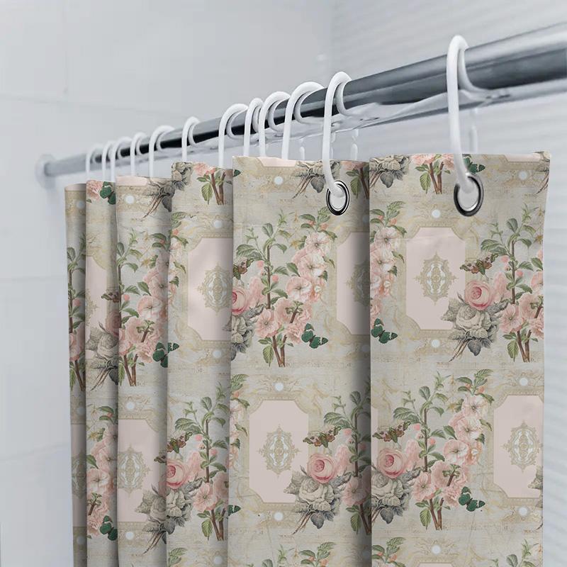 Vintage Floral Print Shower Curtain Pink White Green Decor Bath Rug Cover For Bathroom Size 72 X 84 Inches With Grommets Rustic